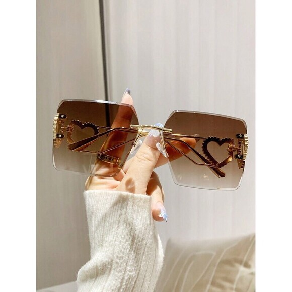 Metallic Rimless Square Glasses With Heart Detail, Y2k Style, Holi